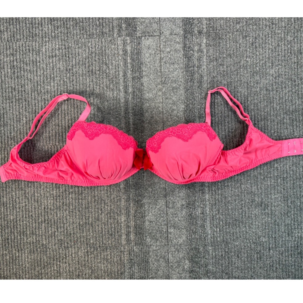 Aerie Reese Push Up Bra 36D Hot Pink Lace Trim Pleated Underwire Velvet Bow